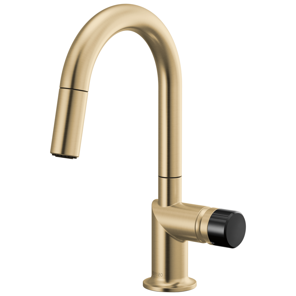 Brizo Odin Mezcladora Prep Extraíble — Surtidor en Arco — Oro Luxe — Perilla con Cristal Negro