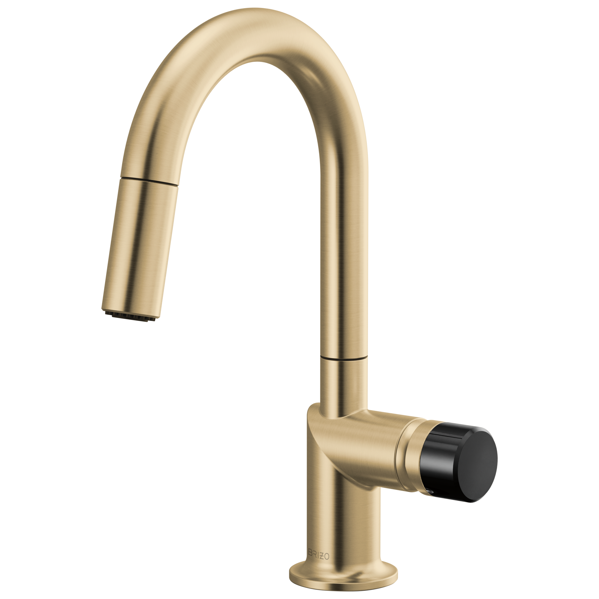 Brizo Odin Mezcladora Prep Extraíble — Surtidor en Arco — Oro Luxe — Perilla con Cristal Negro