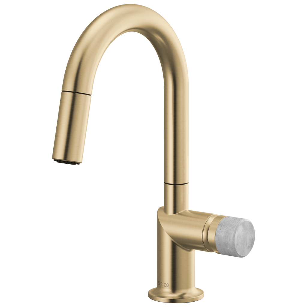 Brizo Odin Mezcladora Prep Extraíble — Surtidor en Arco — Oro Luxe — Perilla de Concreto