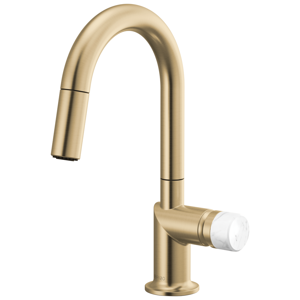 Brizo Odin Mezcladora Prep Extraíble — Surtidor en Arco — Oro Luxe — Perilla de Mármol Blanco