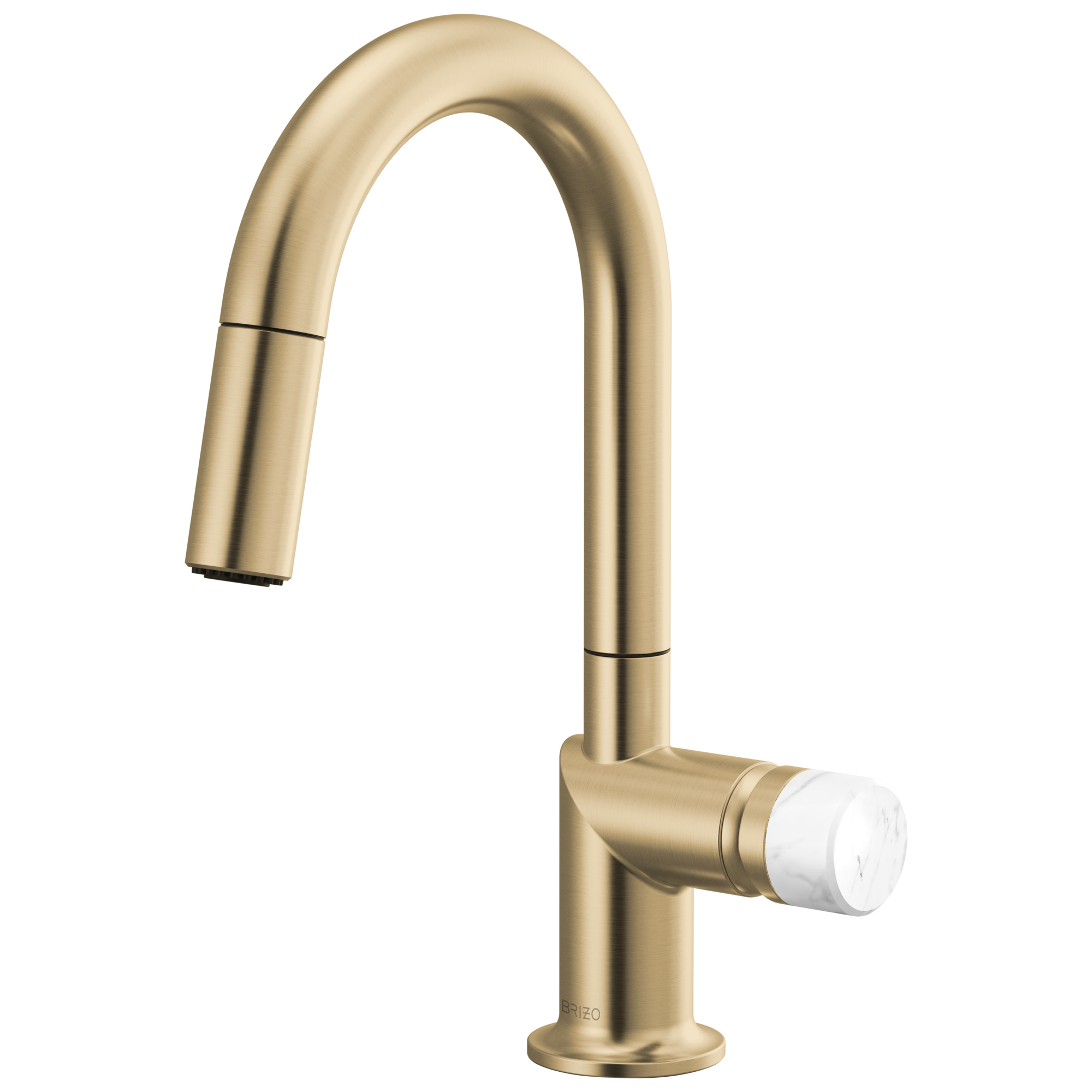 Brizo Odin Mezcladora Prep Extraíble — Surtidor en Arco — Oro Luxe — Perilla de Mármol Blanco