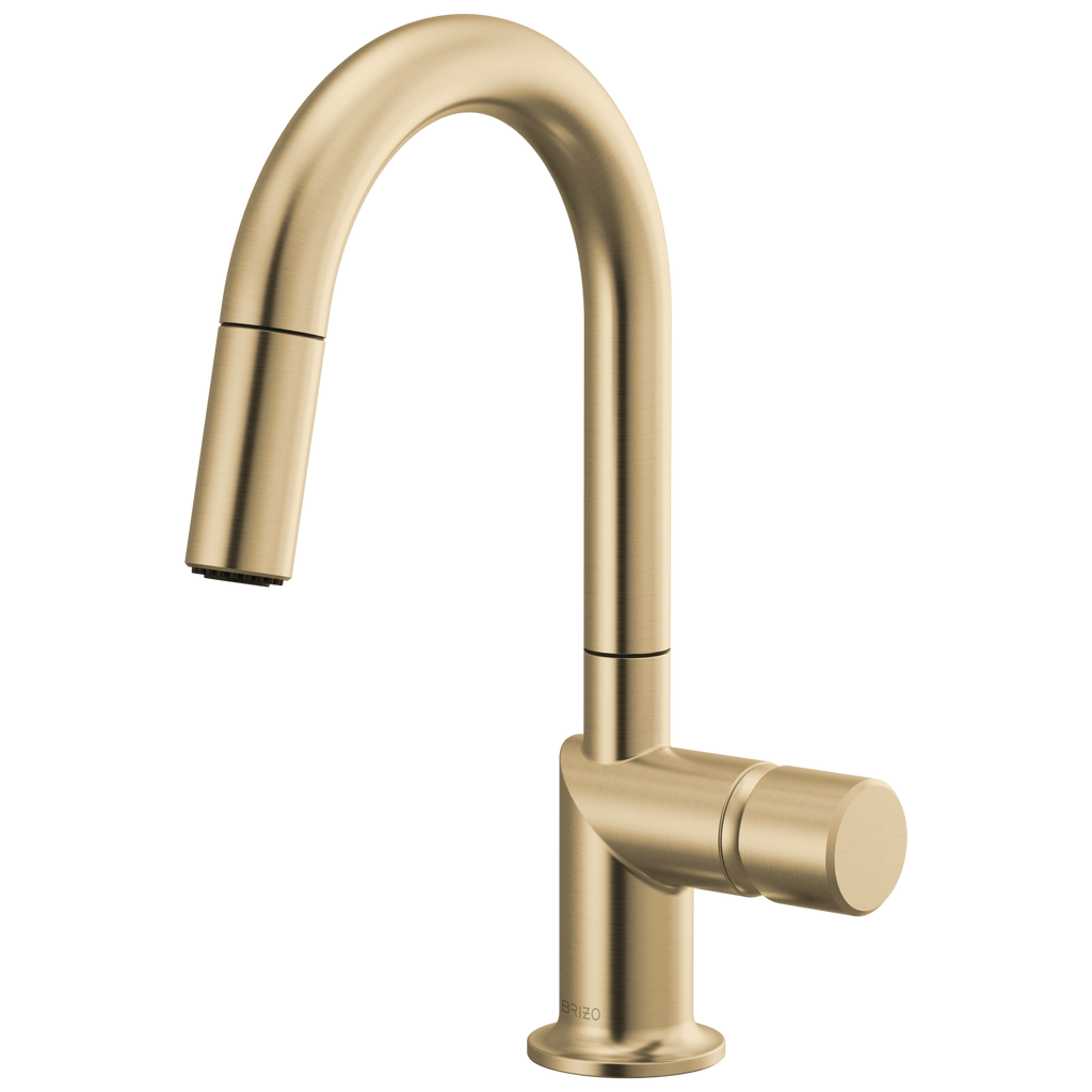 Brizo Odin Mezcladora Prep Extraíble — Surtidor en Arco — Oro Luxe — Perilla Metálica