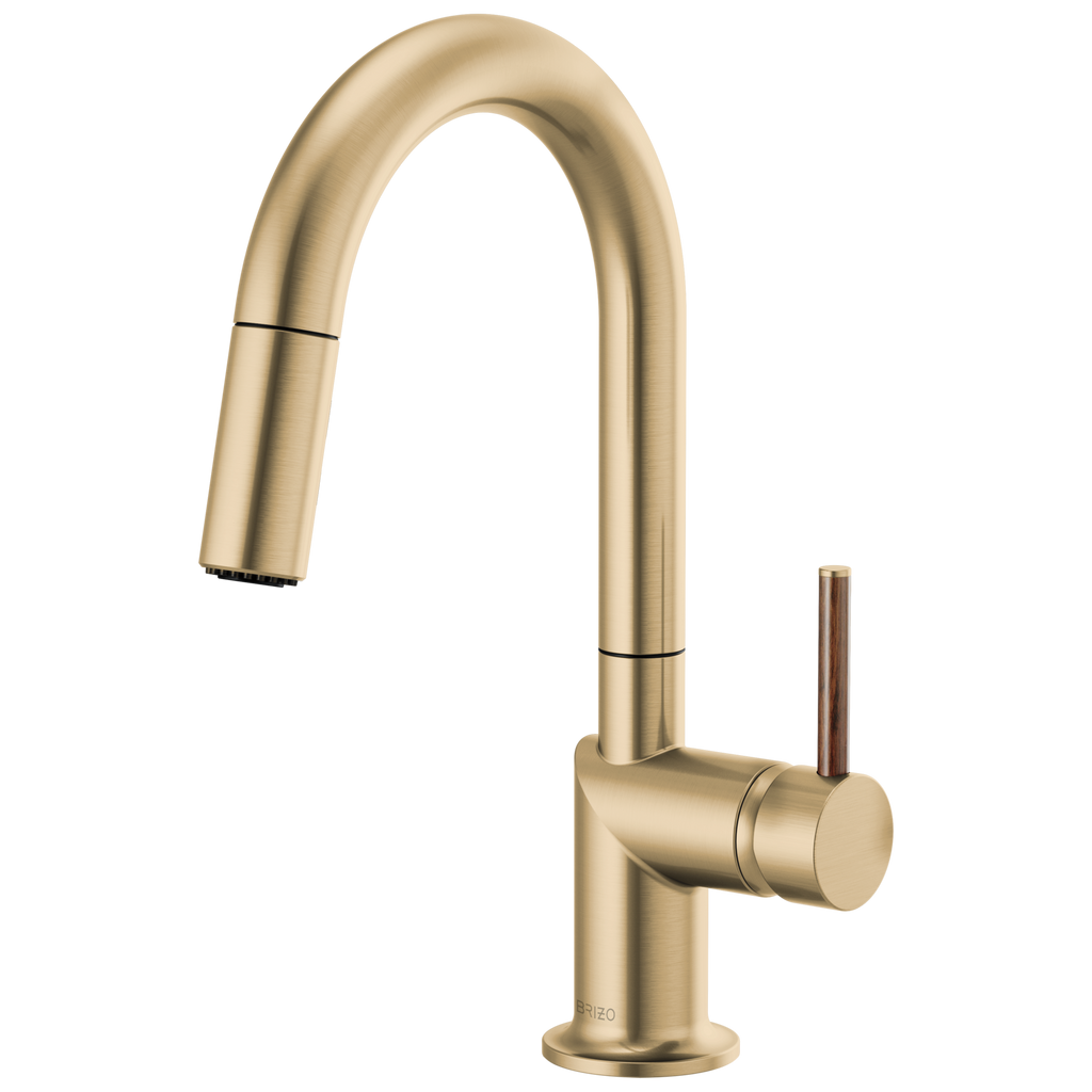 Brizo Odin Mezcladora Prep Extraíble — Surtidor en Arco — Oro Luxe — Manija de Madera