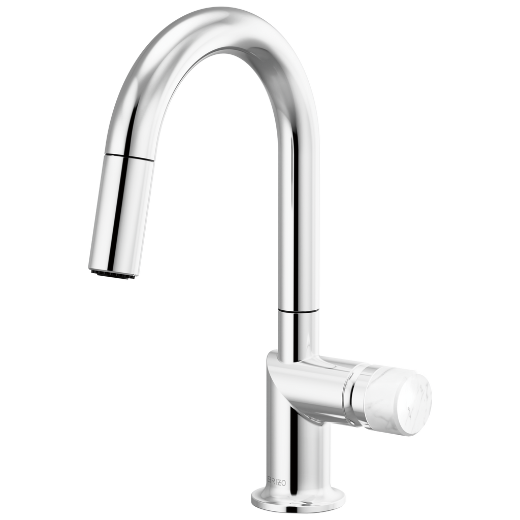 Brizo Odin Mezcladora Prep Extraíble — Surtidor en Arco — Cromo — Perilla de Mármol Blanco