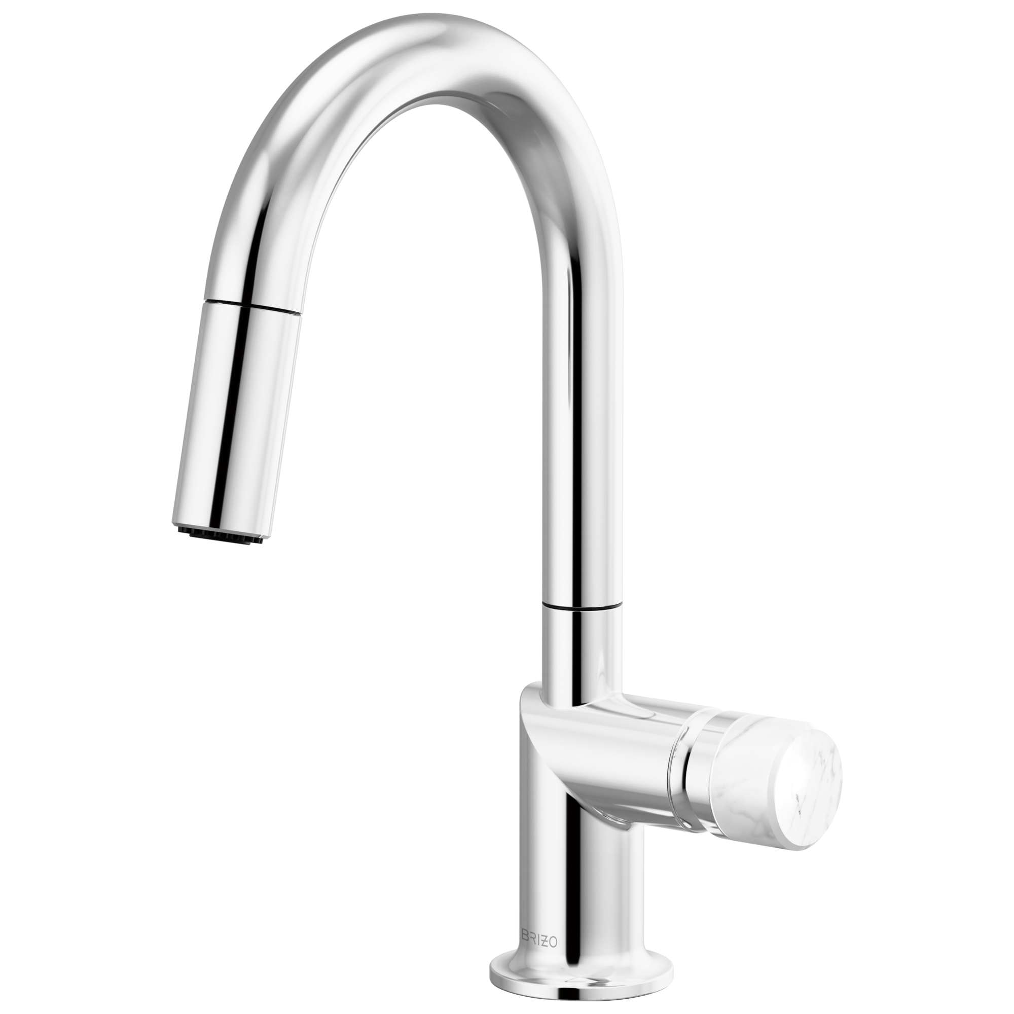 Brizo Odin Mezcladora Prep Extraíble — Surtidor en Arco — Cromo — Perilla de Mármol Blanco