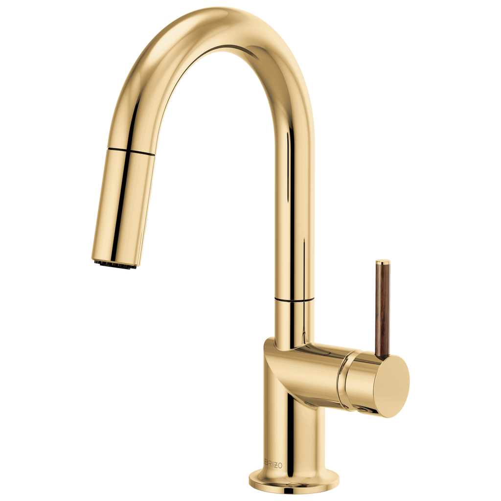 Brizo Odin Mezcladora Prep Extraíble — Surtidor en Arco — Oro Pulido — Manija de Madera
