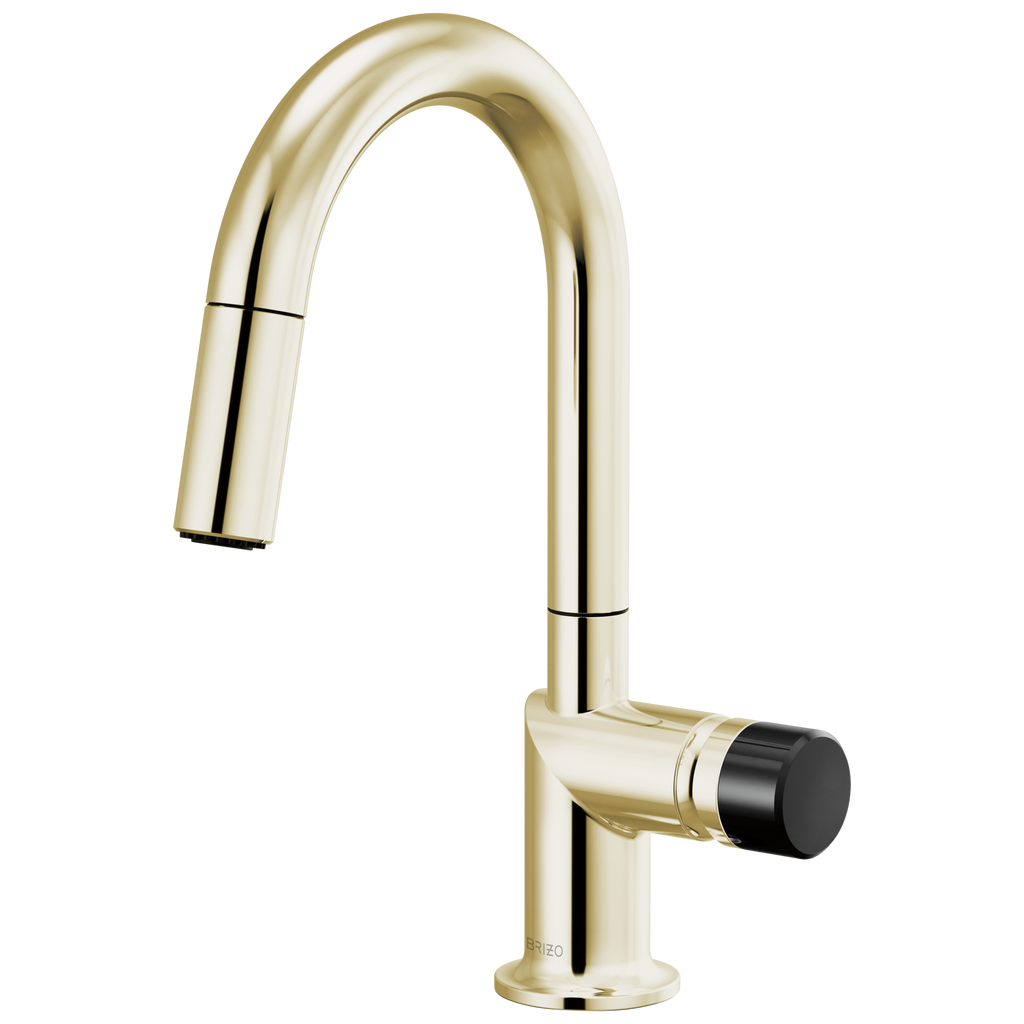 Brizo Odin Mezcladora Prep Extraíble — Surtidor en Arco — Níquel Pulido — Perilla con Cristal Negro