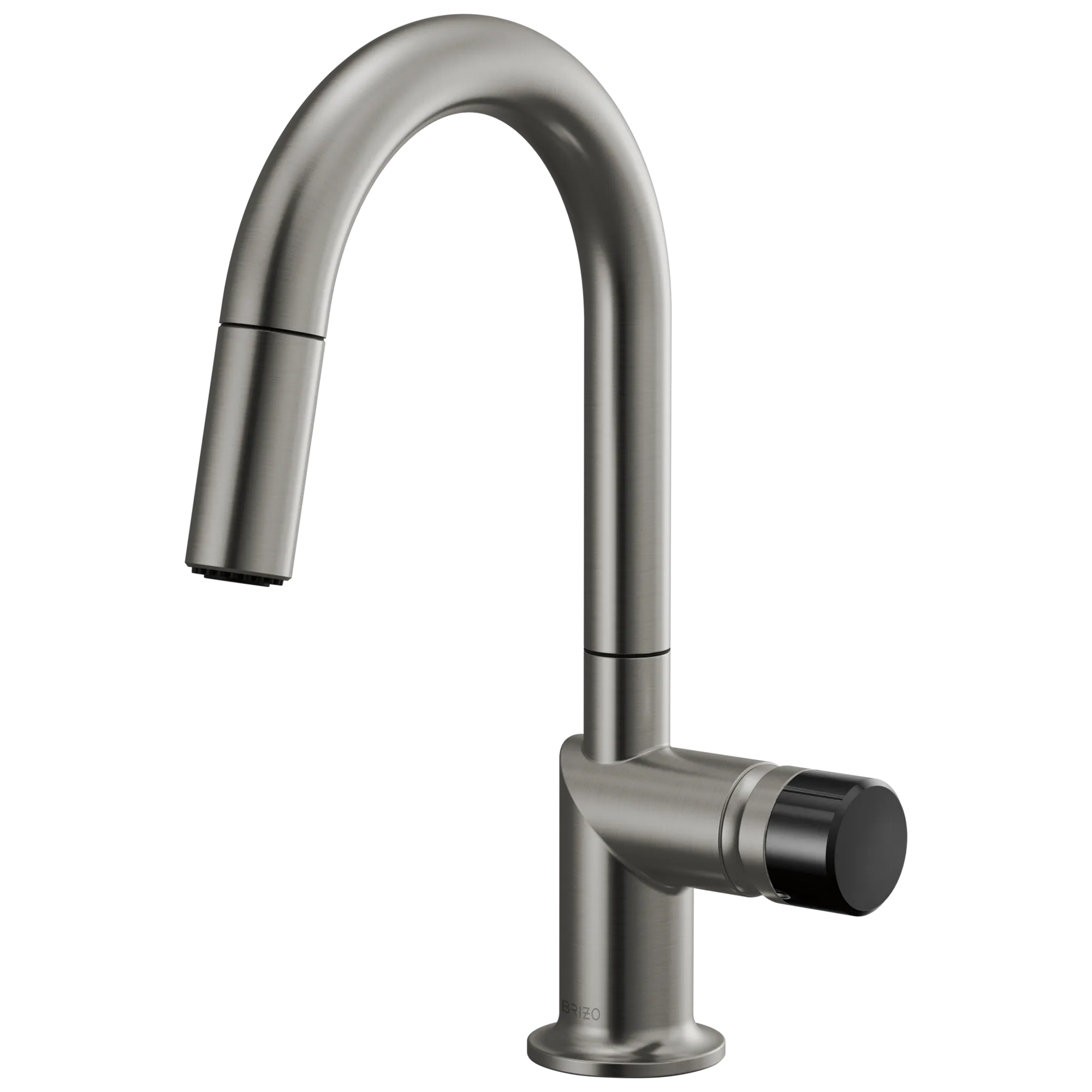 Brizo Odin Mezcladora Prep Extraíble — Surtidor en Arco — Acero Luxe — Perilla con Cristal Negro