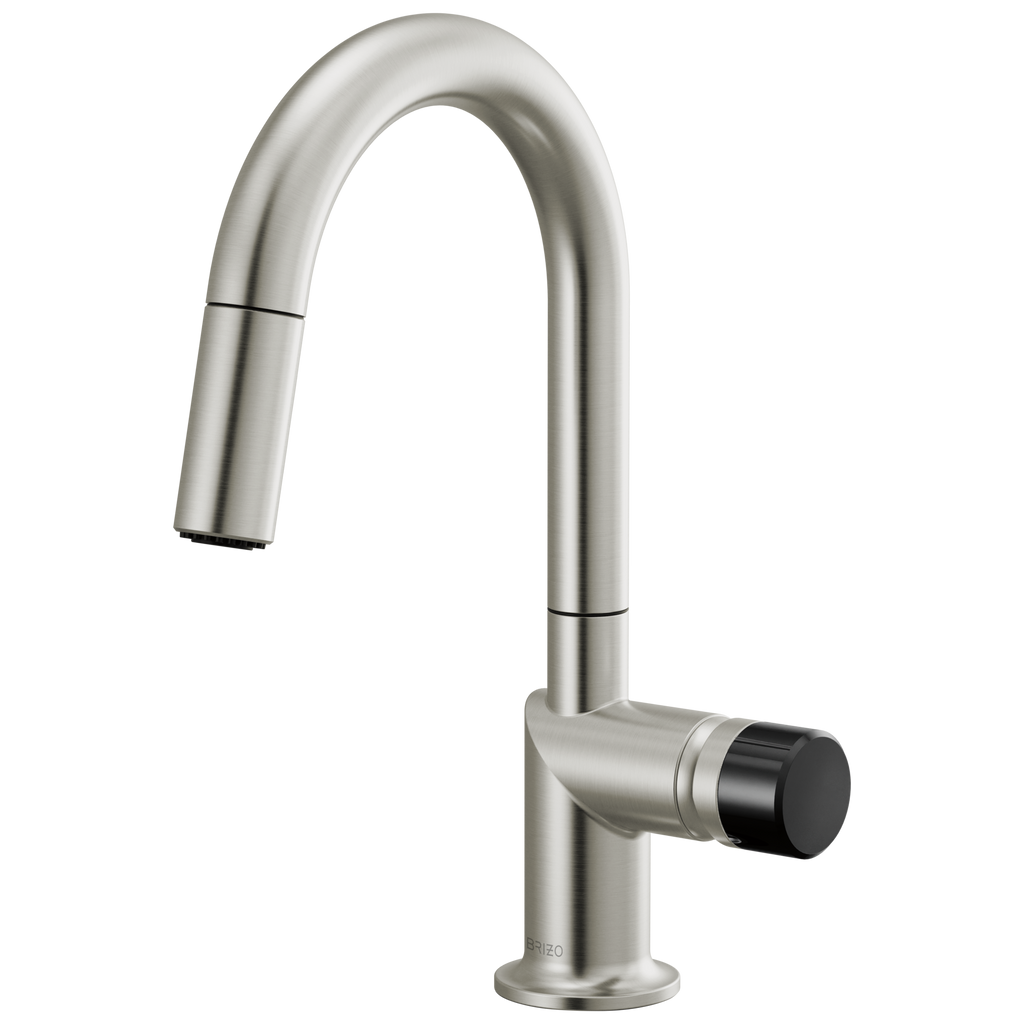 Brizo Odin Mezcladora Prep Extraíble — Surtidor en Arco — Acero Inoxidable — Perilla con Cristal Negro