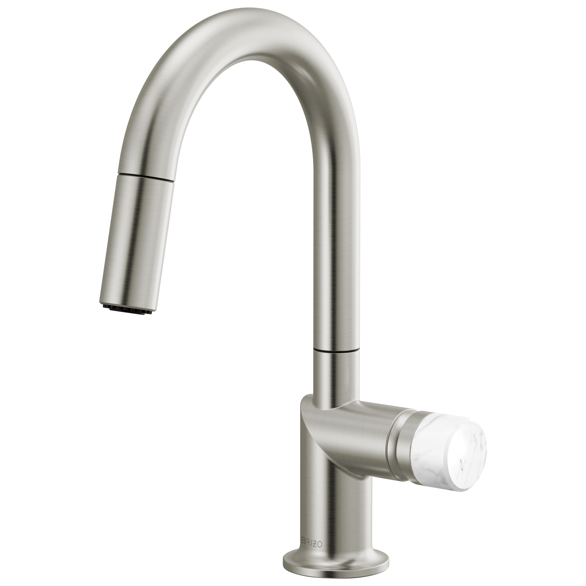 Brizo Odin Mezcladora Prep Extraíble — Surtidor en Arco — Acero Inoxidable — Perilla de Mármol Blanco
