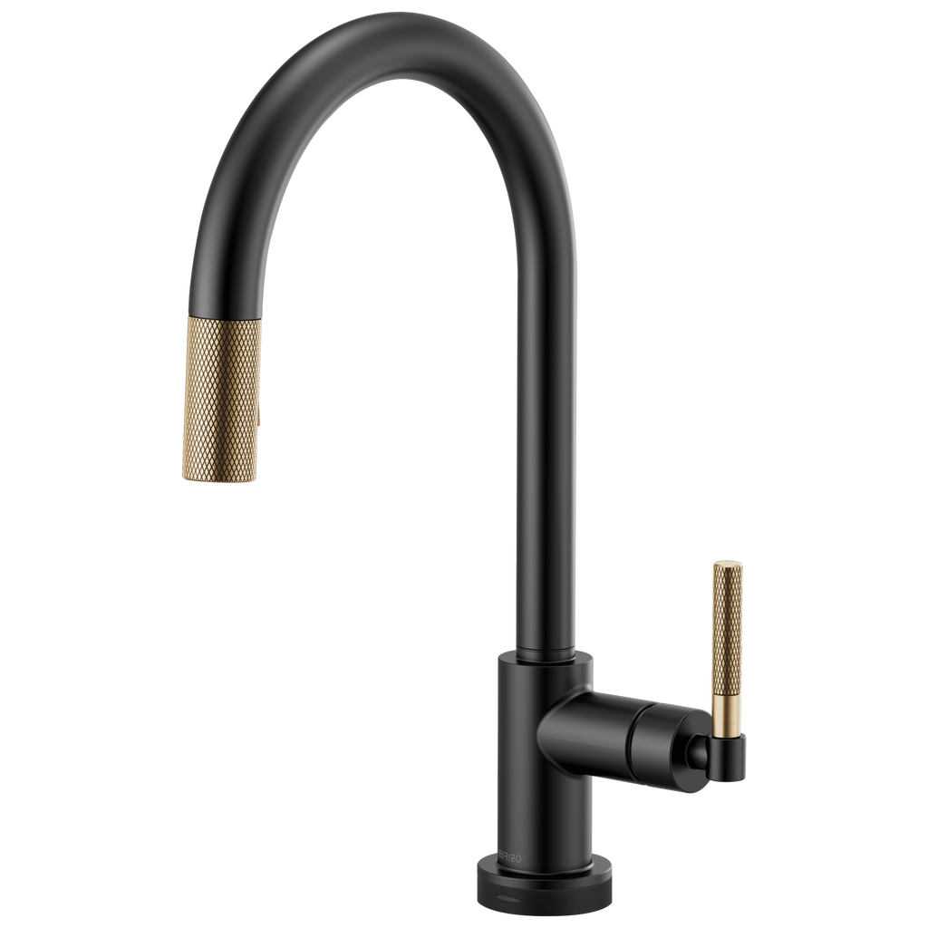 Brizo Litze Mezcladora Extraíble SmartTouch® — Surtidor en Arco, Manija Knurled — Negro Mate/Oro Luxe