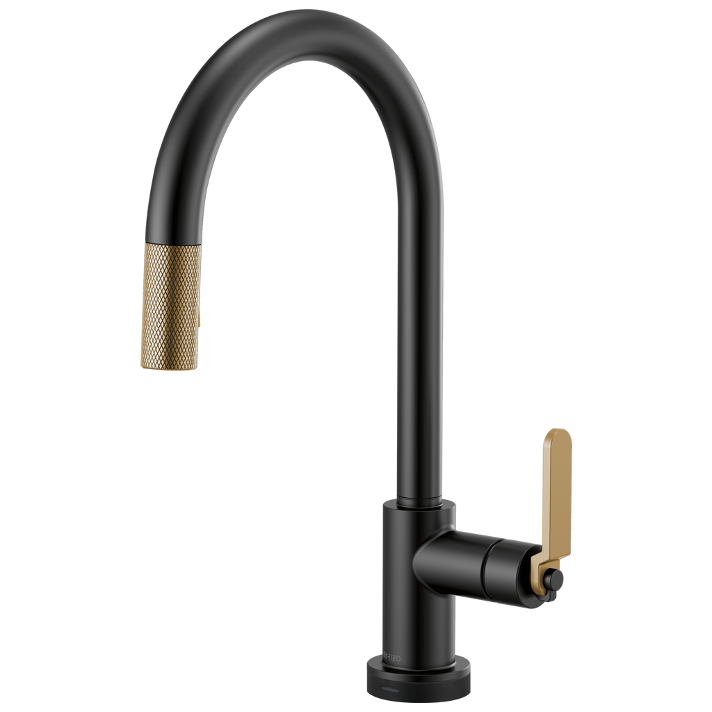 Brizo Litze Mezcladora Extraíble SmartTouch® — Surtidor en Arco, Manija Industrial — Negro Mate/Oro Luxe