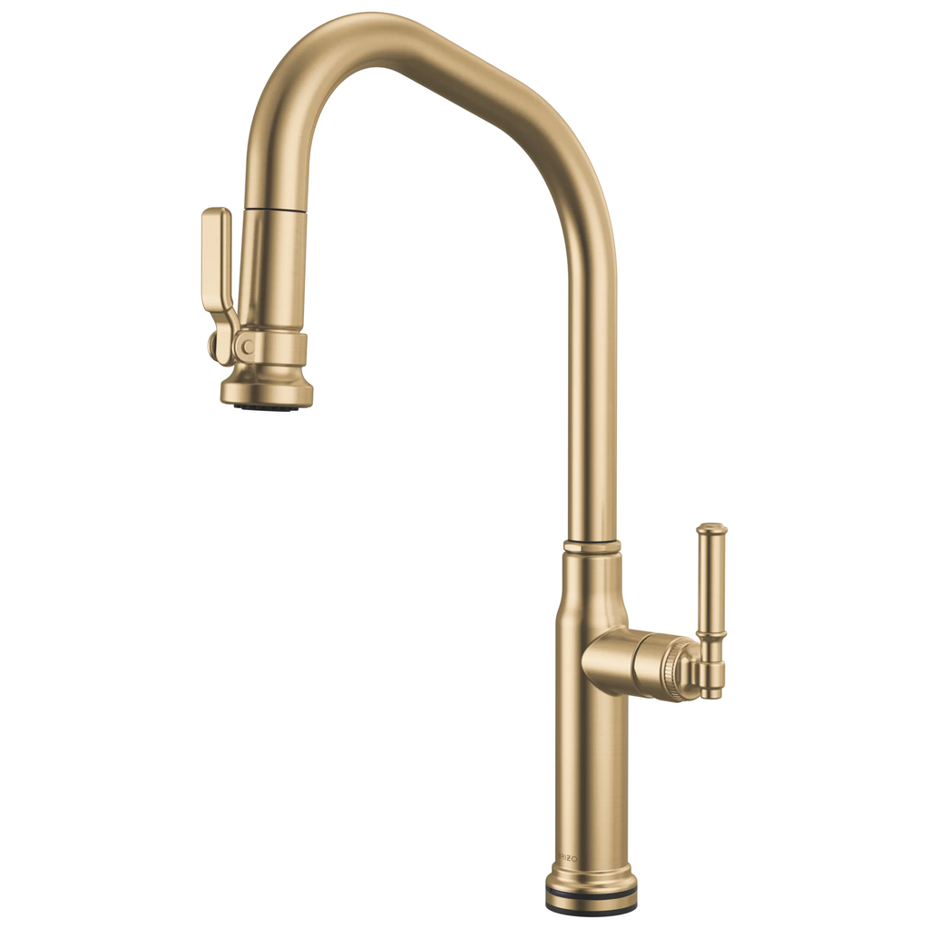 Brizo Faircroft Mezcladora Extraíble SmartTouch® — Surtidor en Ángulo — Oro Luxe — Manija Coin Edge
