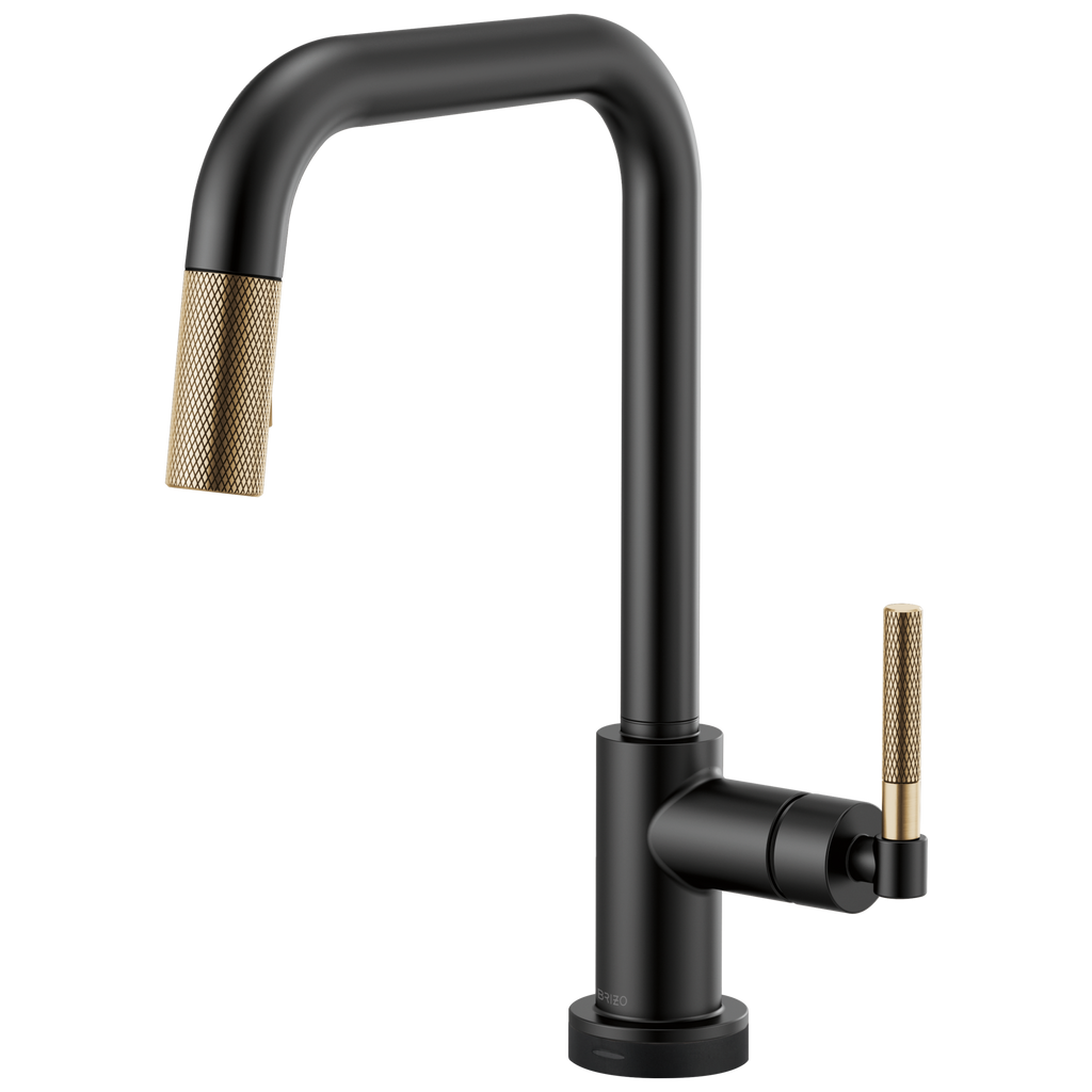 Brizo Litze Mezcladora Extraíble SmartTouch® — Surtidor Cuadrado, Manija Knurled — Negro Mate/Oro Luxe