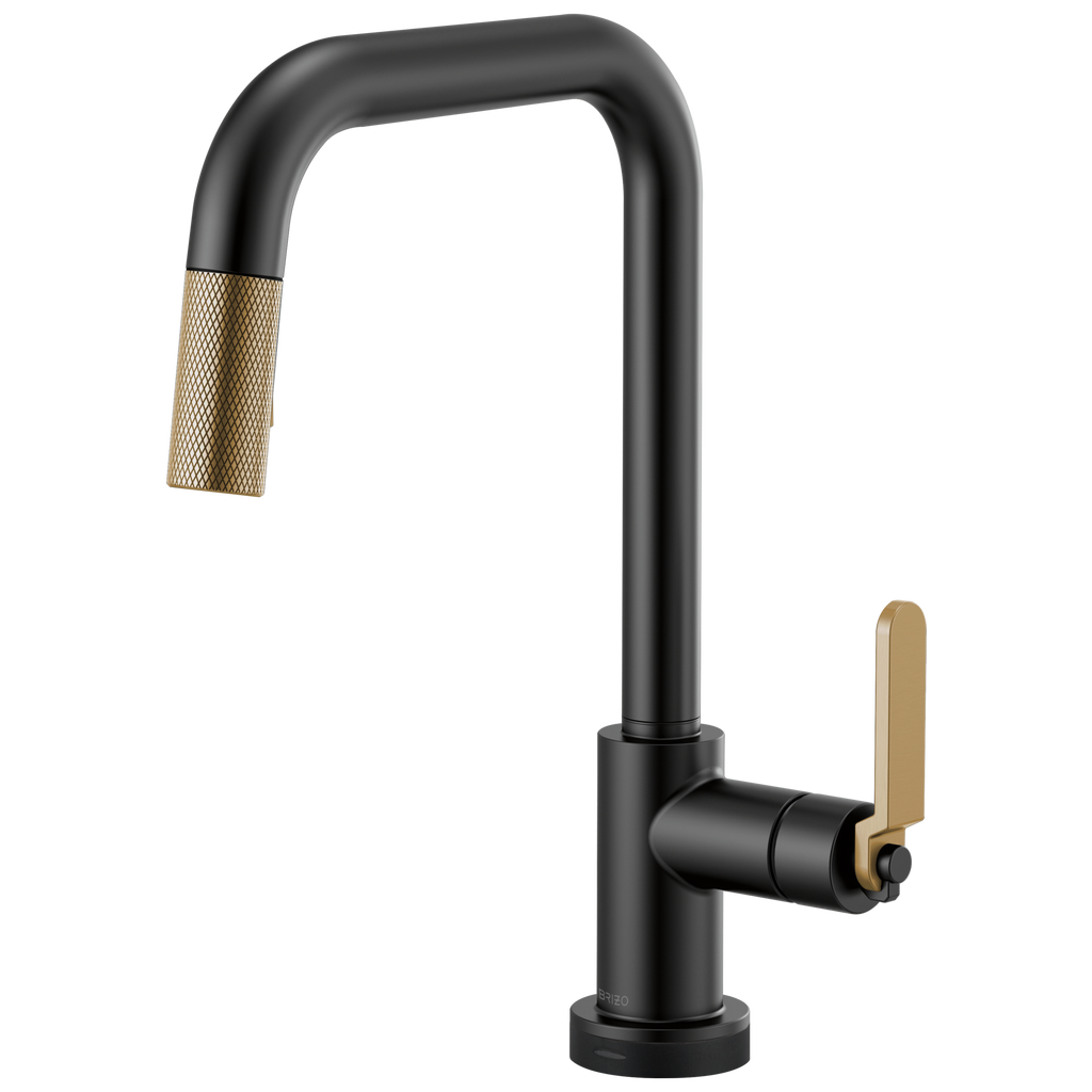 Brizo Litze Mezcladora Extraíble SmartTouch® — Surtidor Cuadrado, Manija Industrial — Negro Mate/Oro Luxe