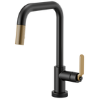 Brizo Litze Mezcladora Extraíble SmartTouch® — Surtidor Cuadrado, Manija Industrial — Negro Mate/Oro Luxe