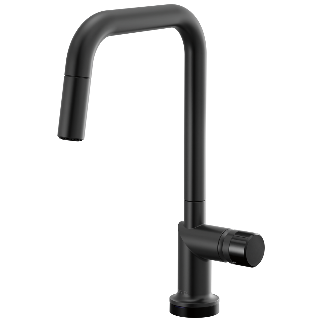 Brizo Odin Mezcladora Extraíble SmartTouch® — Surtidor Cuadrado — Negro Mate — Perilla con Cristal Negro