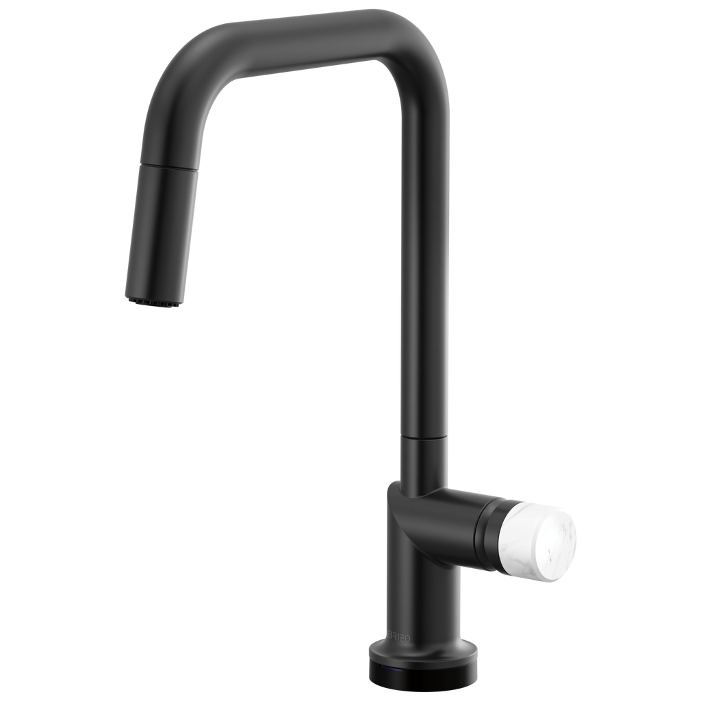 Brizo Odin Mezcladora Extraíble SmartTouch® — Surtidor Cuadrado — Negro Mate — Perilla de Mármol Blanco