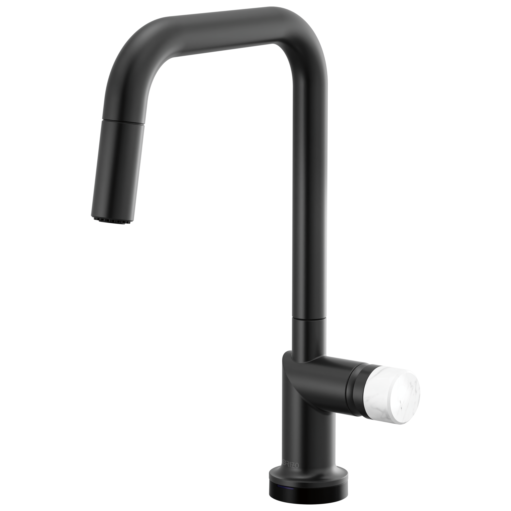 Brizo Odin Mezcladora Extraíble SmartTouch® — Surtidor Cuadrado — Negro Mate — Perilla de Mármol Blanco