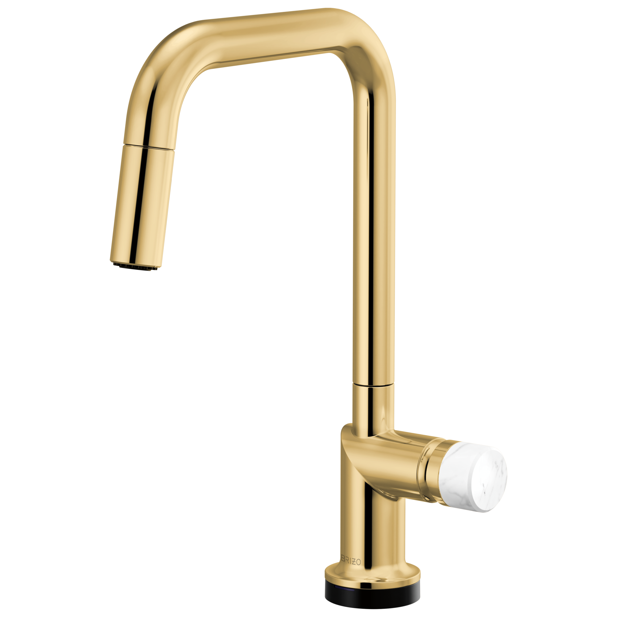 Brizo Odin Mezcladora Extraíble SmartTouch® — Surtidor Cuadrado — Oro Pulido — Perilla de Mármol Blanco