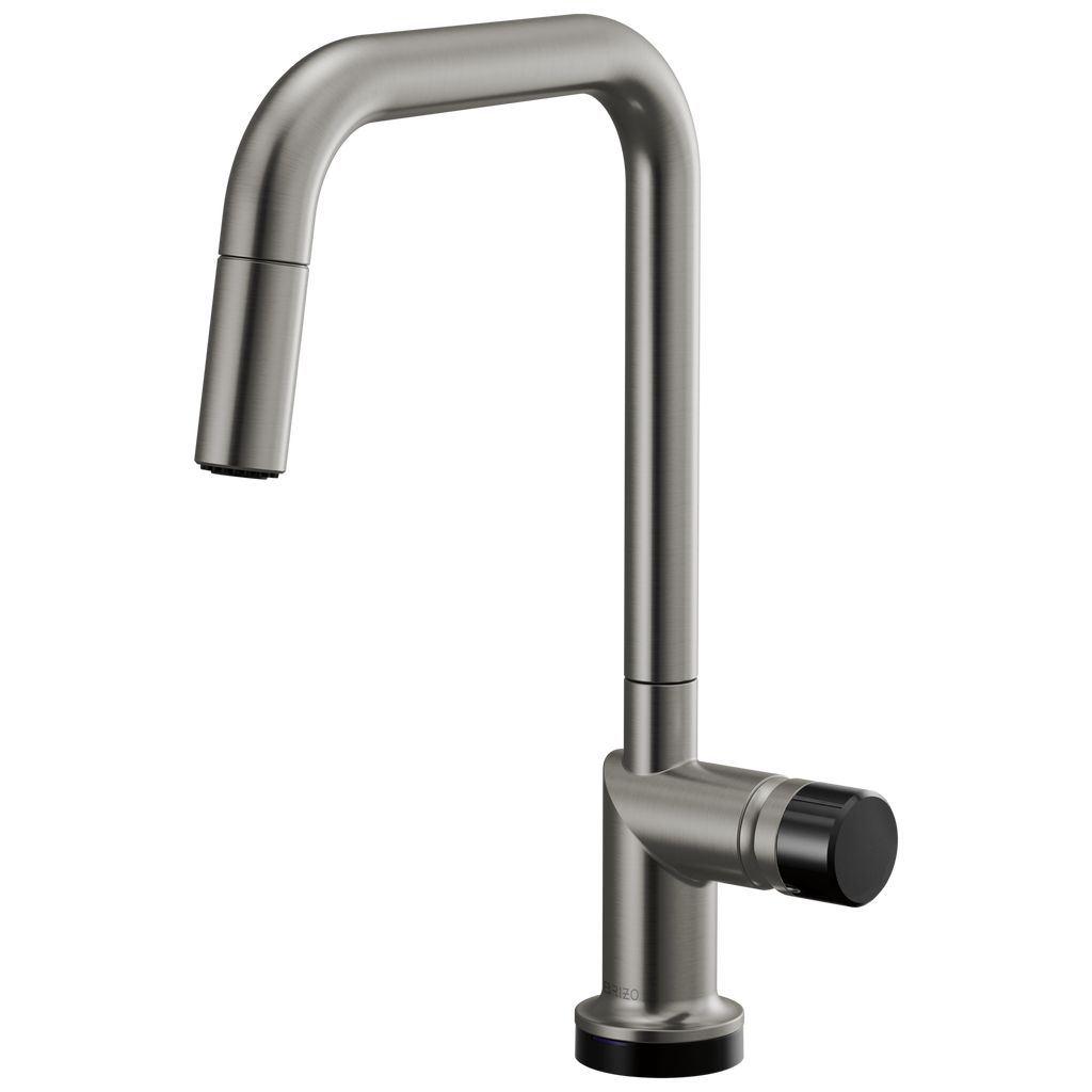 Brizo Odin Mezcladora Extraíble SmartTouch® — Surtidor Cuadrado — Acero Luxe — Perilla con Cristal Negro