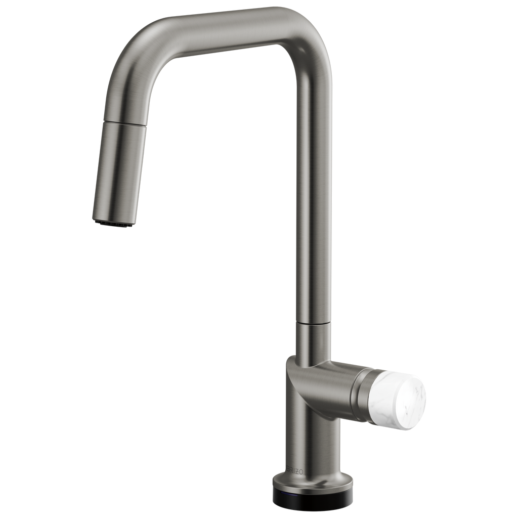 Brizo Odin Mezcladora Extraíble SmartTouch® — Surtidor Cuadrado — Acero Luxe — Perilla de Mármol Blanco