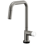 Brizo Odin Mezcladora Extraíble SmartTouch® — Surtidor Cuadrado — Acero Luxe — Perilla de Mármol Blanco