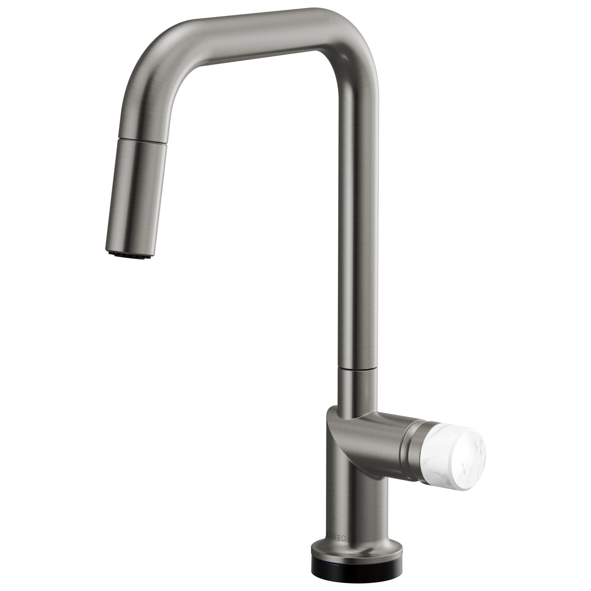 Brizo Odin Mezcladora Extraíble SmartTouch® — Surtidor Cuadrado — Acero Luxe — Perilla de Mármol Blanco