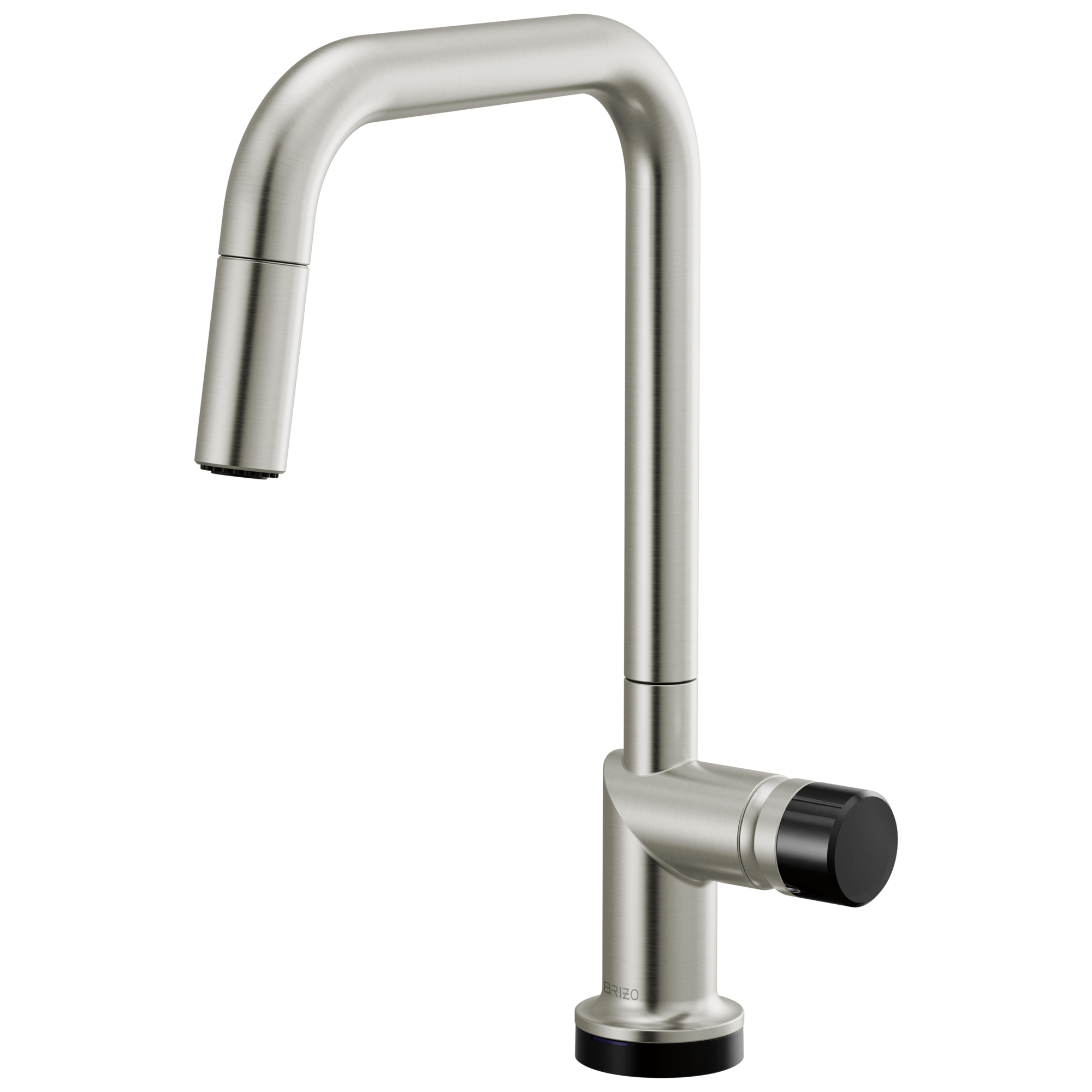Brizo Odin Mezcladora Extraíble SmartTouch® — Surtidor Cuadrado — Acero Inoxidable — Perilla con Cristal Negro