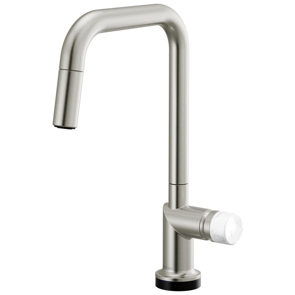 Brizo Odin Mezcladora Extraíble SmartTouch® — Surtidor Cuadrado — Acero Inoxidable — Perilla de Mármol Blanco