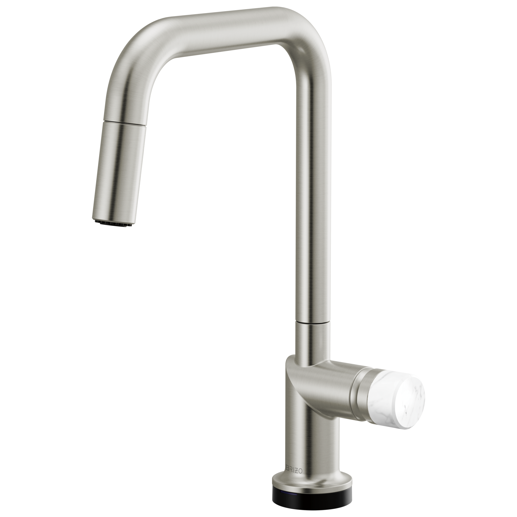Brizo Odin Mezcladora Extraíble SmartTouch® — Surtidor Cuadrado — Acero Inoxidable — Perilla de Mármol Blanco