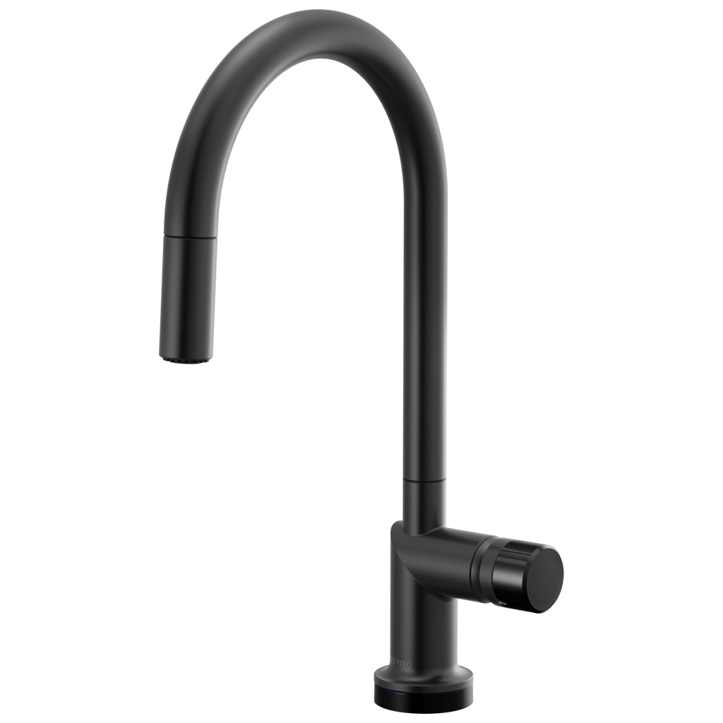 Brizo Odin Mezcladora Extraíble SmartTouch® — Surtidor en Arco — Negro Mate — Perilla con Cristal Negro