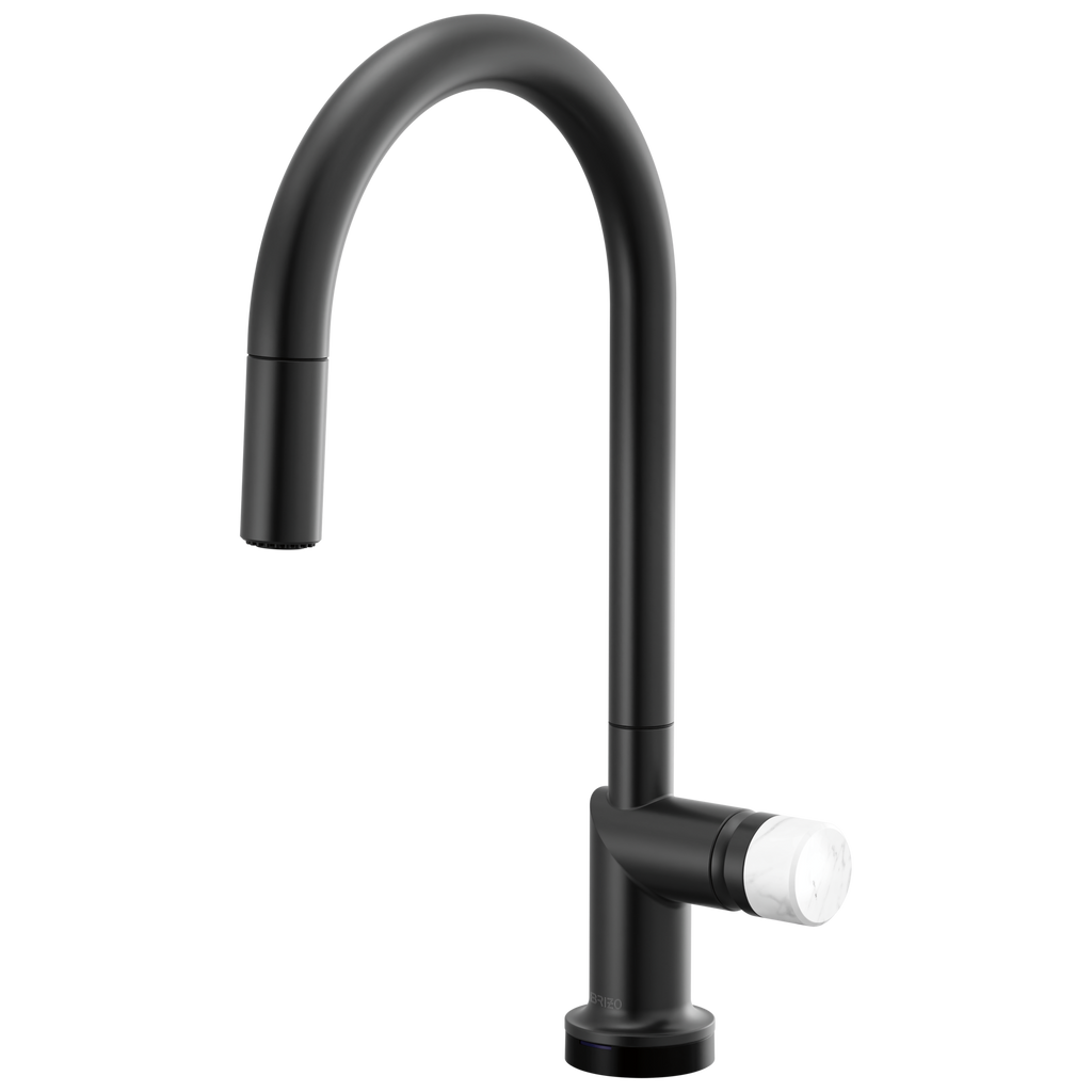 Brizo Odin Mezcladora Extraíble SmartTouch® — Surtidor en Arco — Negro Mate — Perilla de Mármol Blanco