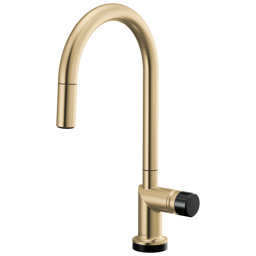 Brizo Odin Mezcladora Extraíble SmartTouch® — Surtidor en Arco — Oro Luxe — Perilla con Cristal Negro