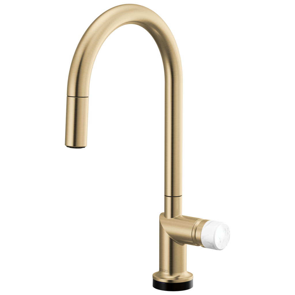 Brizo Odin Mezcladora Extraíble SmartTouch® — Surtidor en Arco — Oro Luxe — Perilla de Mármol Blanco