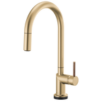 Brizo Odin Mezcladora Extraíble SmartTouch® — Surtidor en Arco — Oro Luxe — Manija de Madera