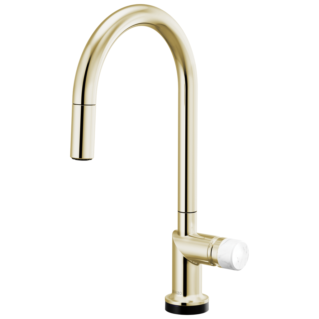 Brizo Odin Mezcladora Extraíble SmartTouch® — Surtidor en Arco — Níquel Pulido — Perilla de Mármol Blanco