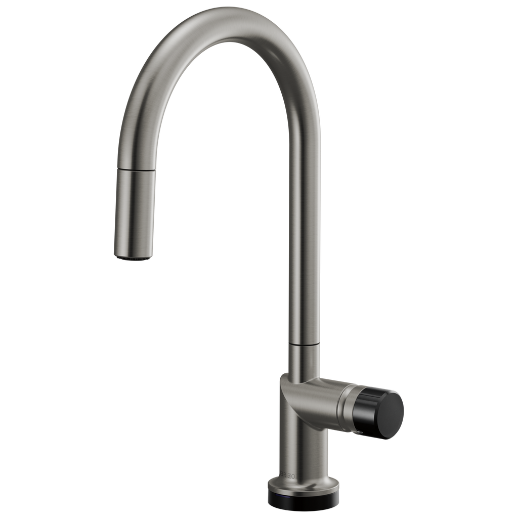 Brizo Odin Mezcladora Extraíble SmartTouch® — Surtidor en Arco — Acero Luxe — Perilla con Cristal Negro