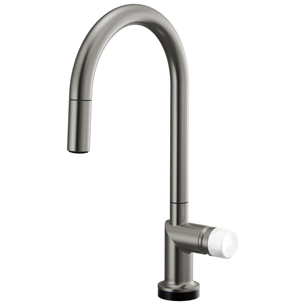Brizo Odin Mezcladora Extraíble SmartTouch® — Surtidor en Arco — Acero Luxe — Perilla de Mármol Blanco