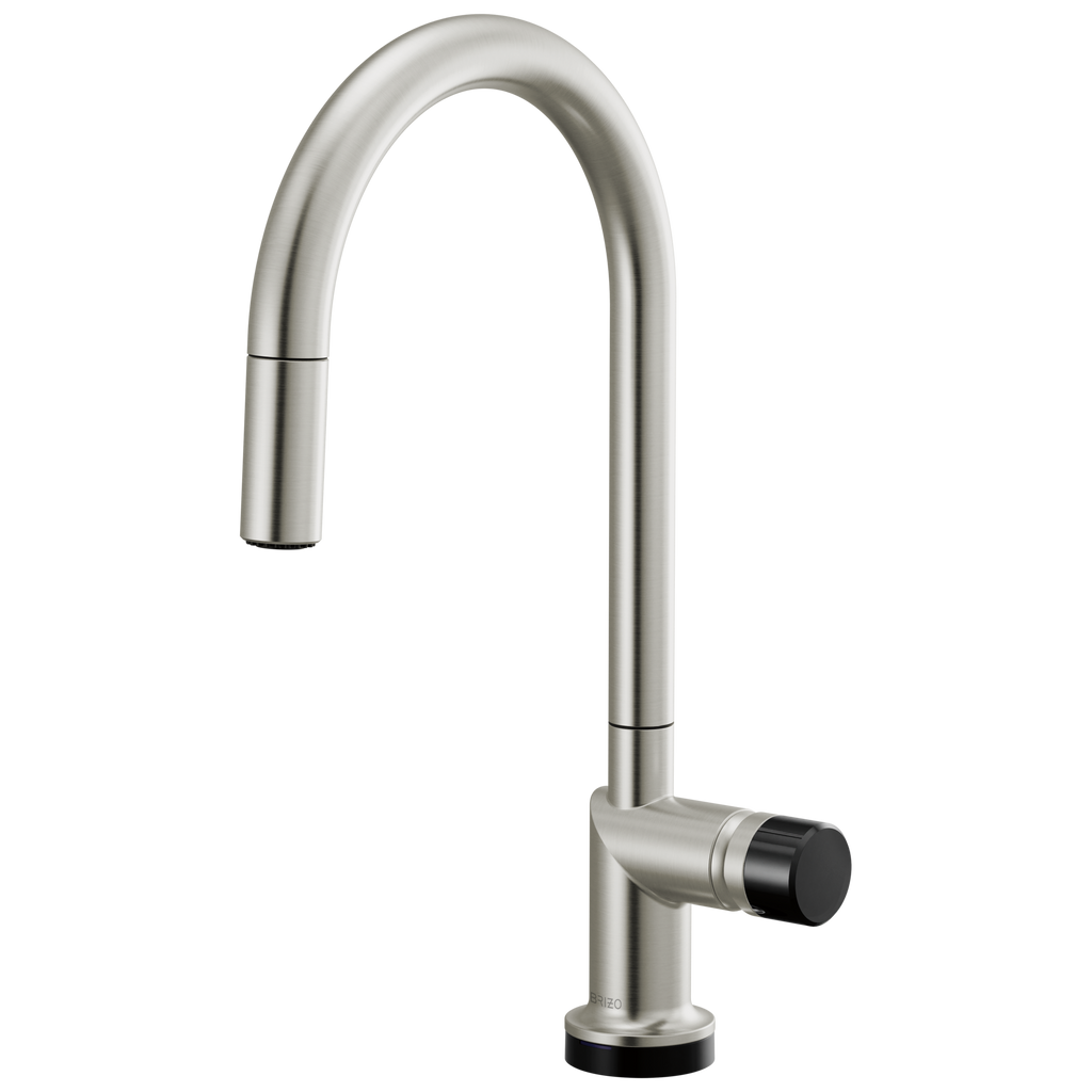 Brizo Odin Mezcladora Extraíble SmartTouch® — Surtidor en Arco — Acero Inoxidable — Perilla con Cristal Negro