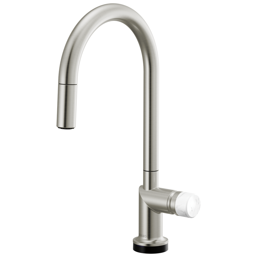 Brizo Odin Mezcladora Extraíble SmartTouch® — Surtidor en Arco — Acero Inoxidable — Perilla de Mármol Blanco