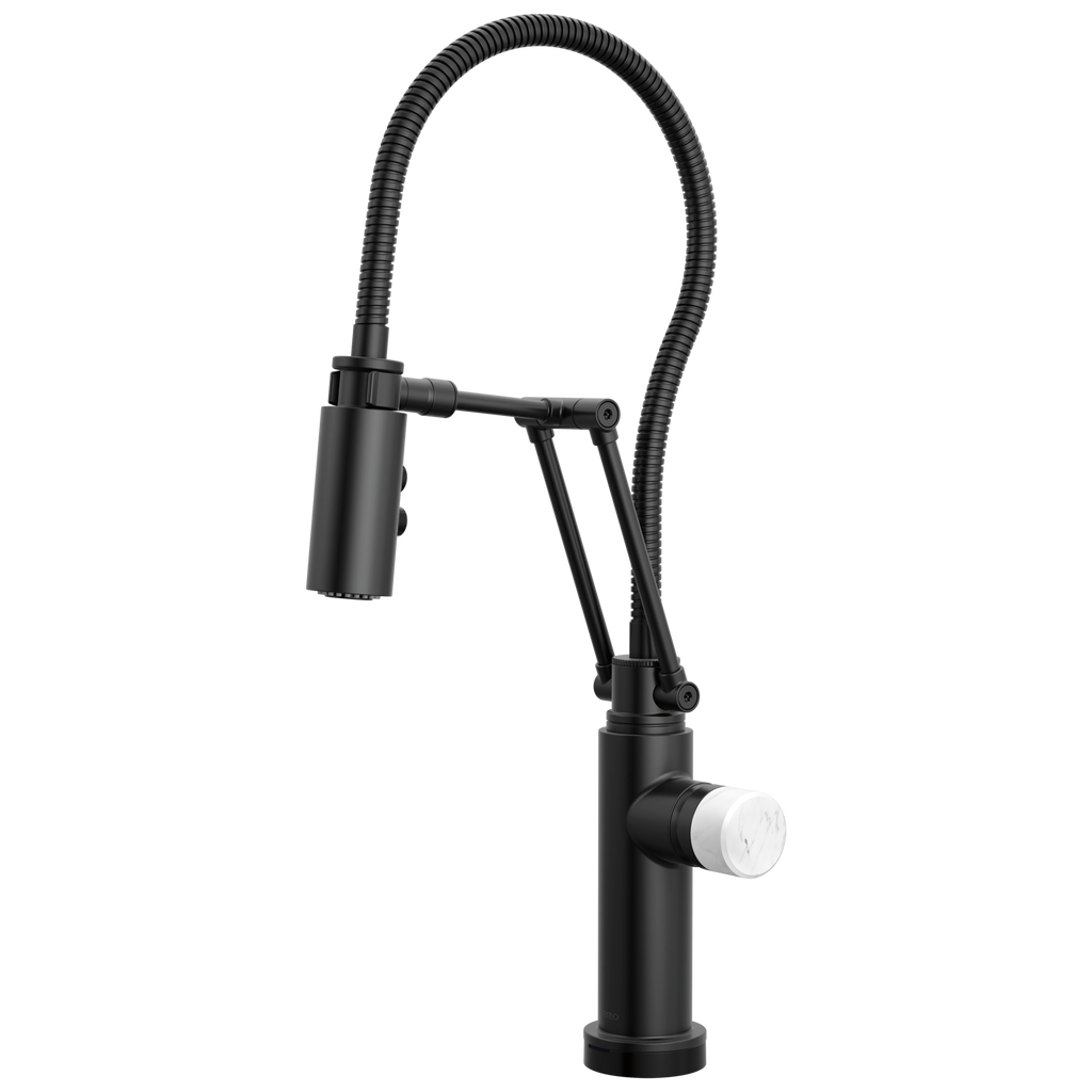 Brizo Odin Mezcladora Articulante SmartTouch® con Manguera Integrada — Negro Mate — Perilla de Mármol Blanco