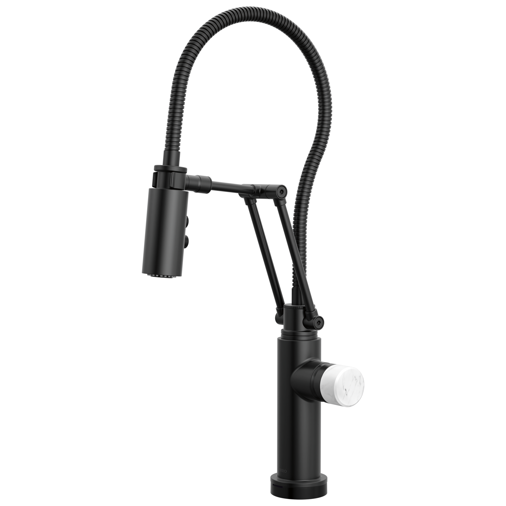 Brizo Odin Mezcladora Articulante SmartTouch® con Manguera Integrada — Negro Mate — Perilla de Mármol Blanco