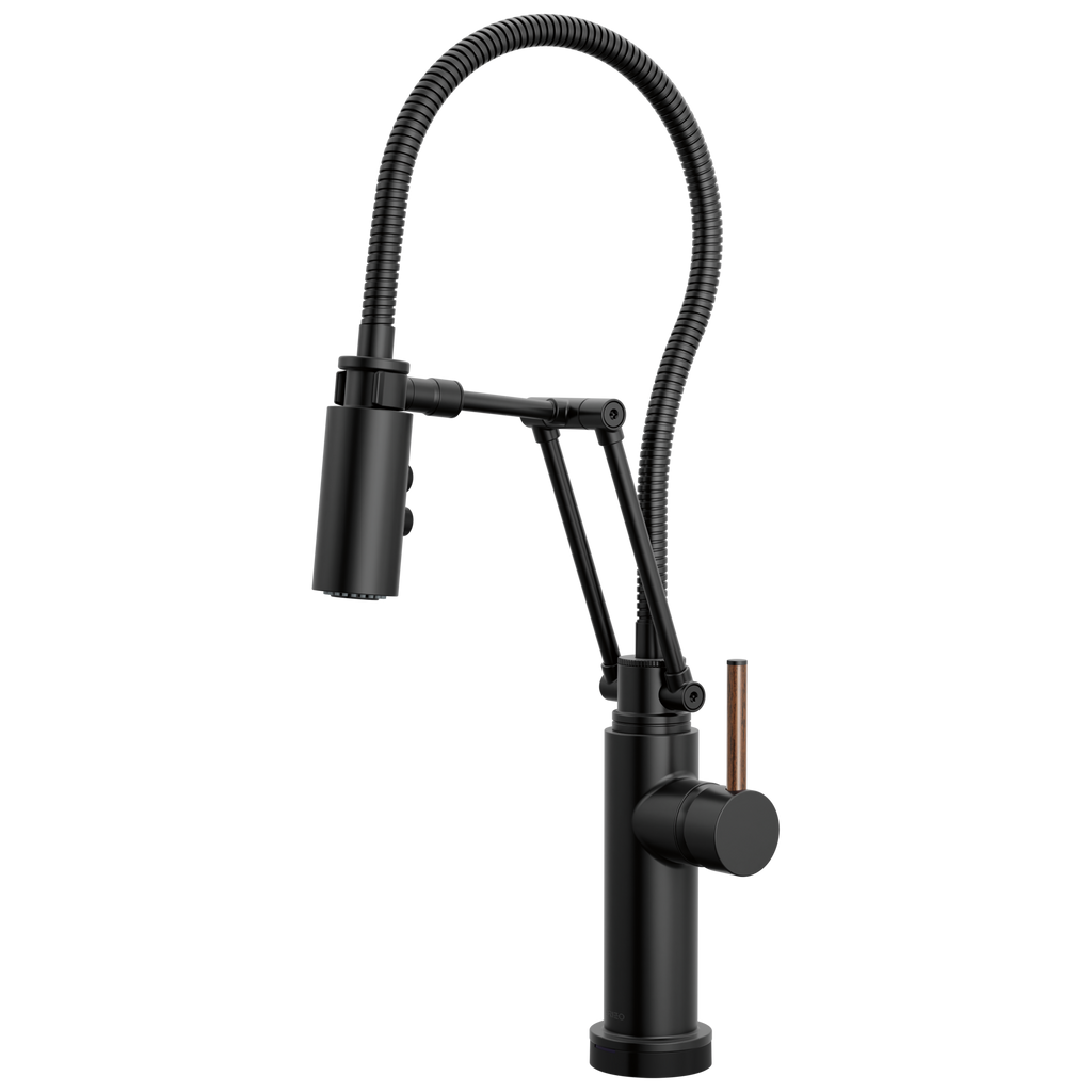 Brizo Odin Mezcladora Articulante SmartTouch® con Manguera Integrada — Negro Mate — Manija de Madera