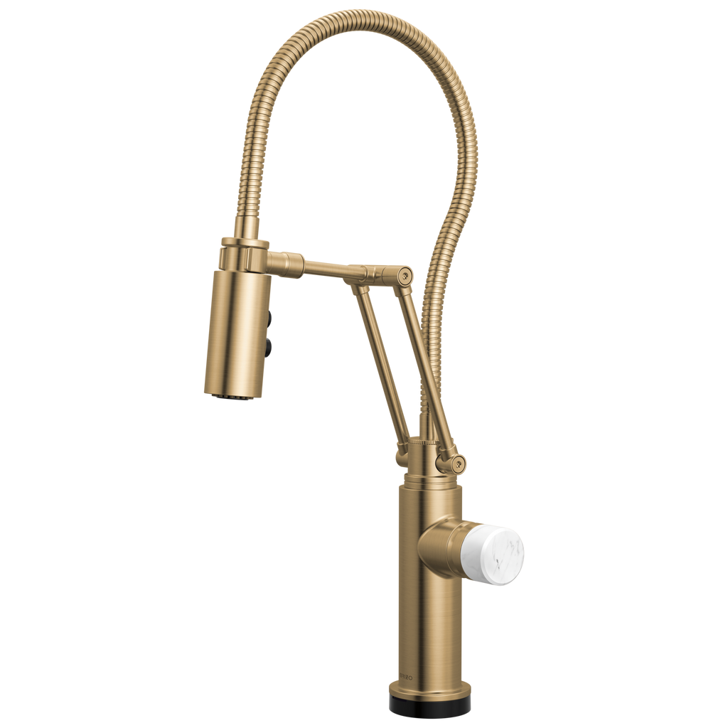 Brizo Odin Mezcladora Articulante SmartTouch® con Manguera Integrada — Oro Luxe — Perilla de Mármol Blanco