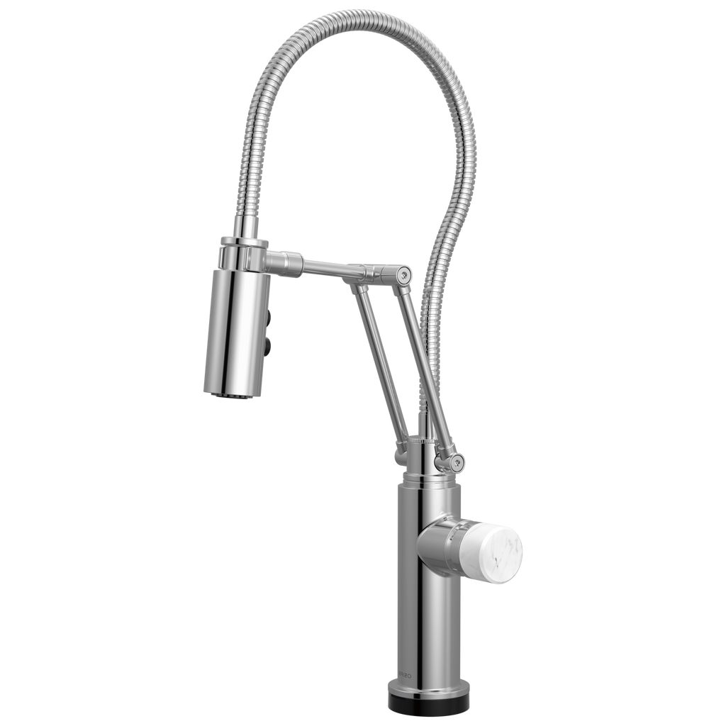 Brizo Odin Mezcladora Articulante SmartTouch® con Manguera Integrada — Cromo — Perilla de Mármol Blanco