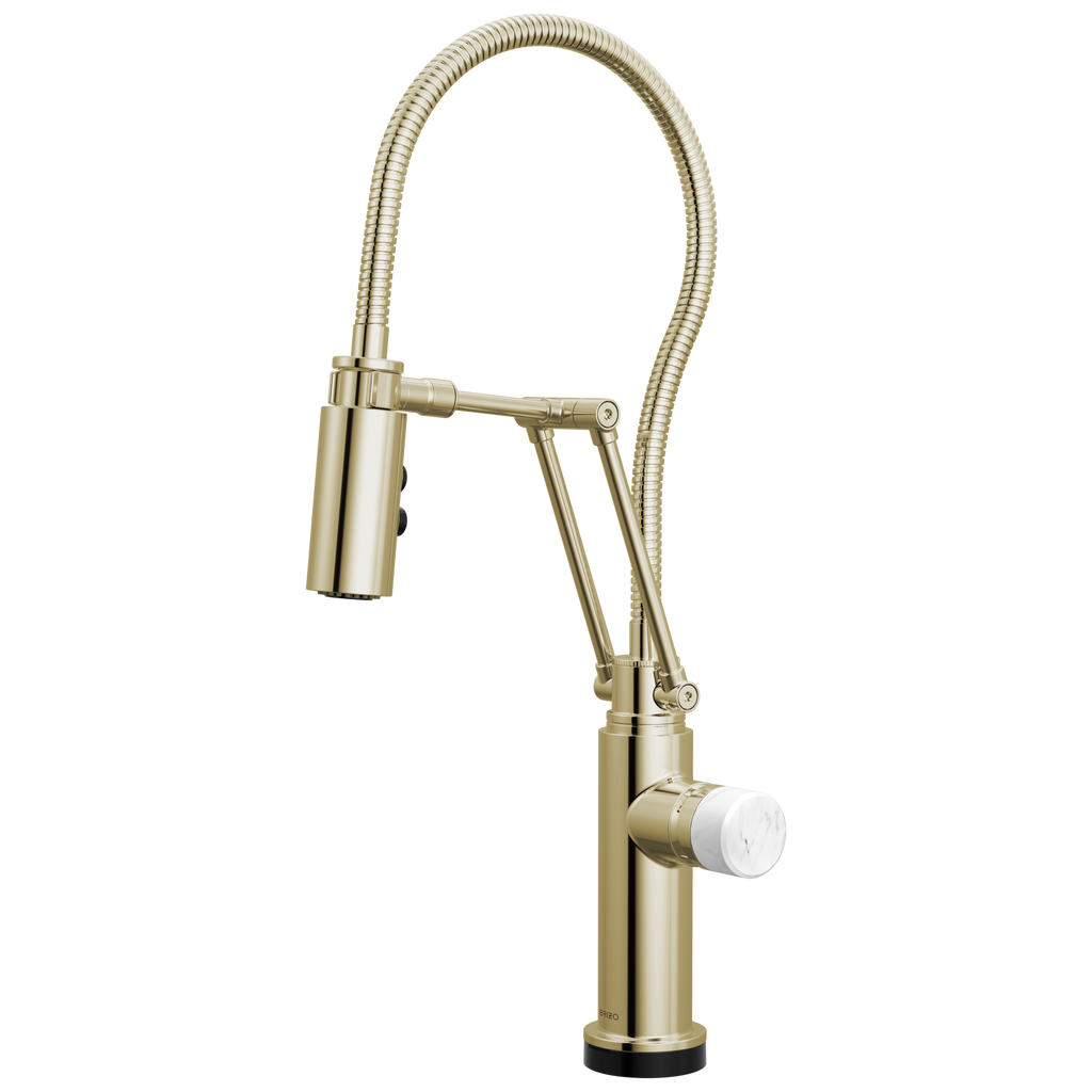 Brizo Odin Mezcladora Articulante SmartTouch® con Manguera Integrada — Níquel Pulido — Perilla de Mármol Blanco