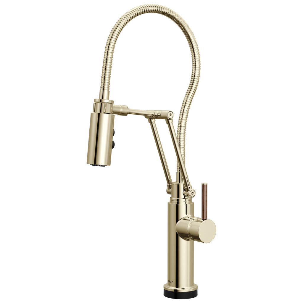 Brizo Odin Mezcladora Articulante SmartTouch® con Manguera Integrada — Níquel Pulido — Manija de Madera