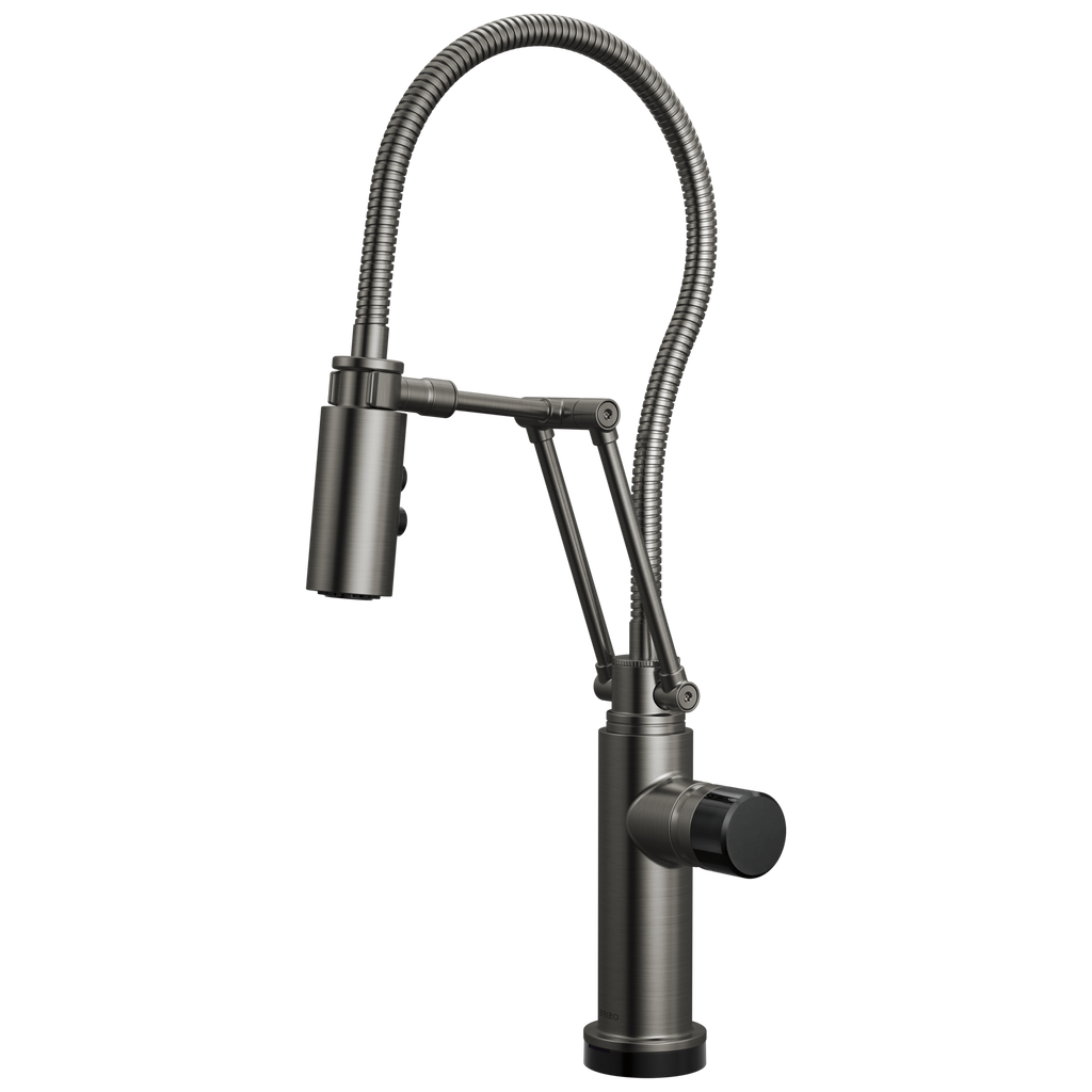Brizo Odin Mezcladora Articulante SmartTouch® con Manguera Integrada — Acero Luxe — Perilla con Cristal Negro