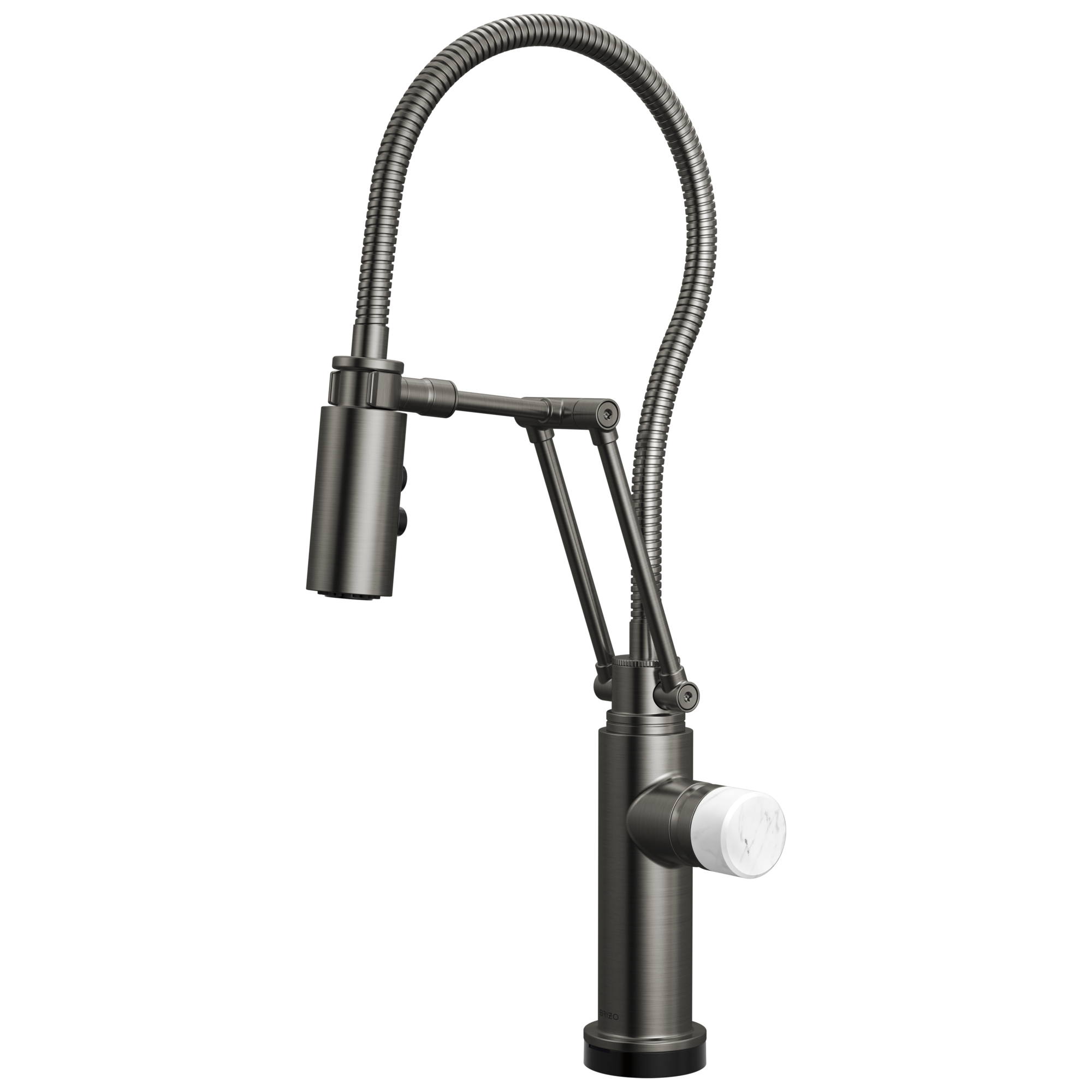 Brizo Odin Mezcladora Articulante SmartTouch® con Manguera Integrada — Acero Luxe — Perilla de Mármol Blanco